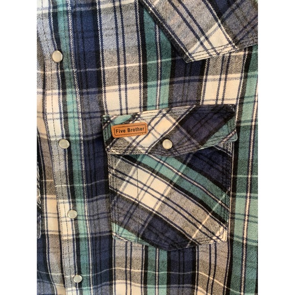 Five Brother Blue Teal Plaid Western Heavy Flannel Pearl Snap Shirt 2XL Tall - Picture 3 of 11